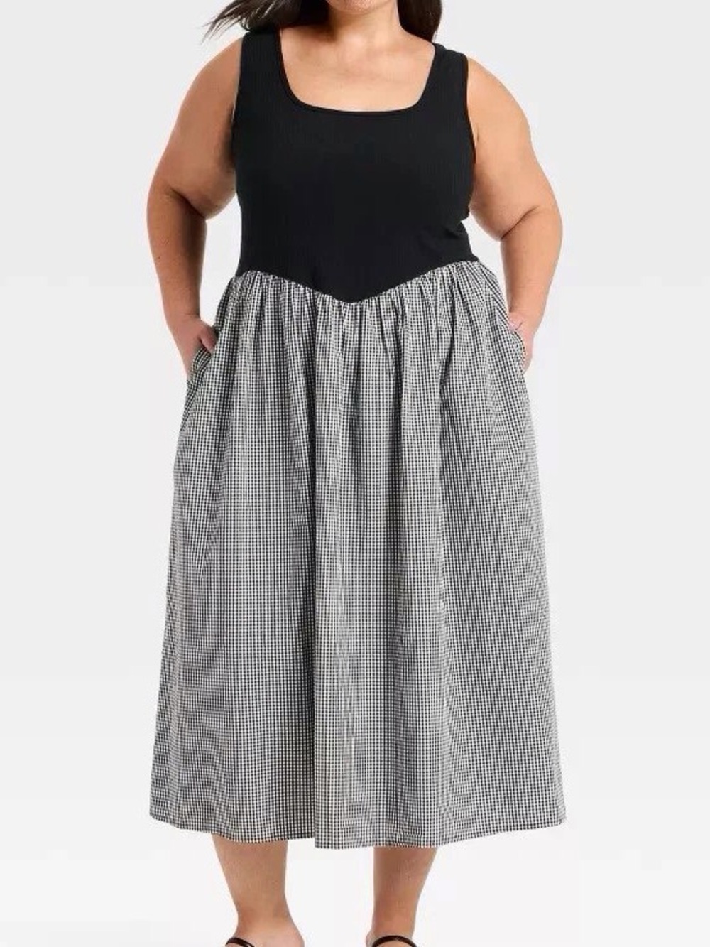 Plus Size Black & White Gingham Midi Dress - Sleeveless Scoop Neck
